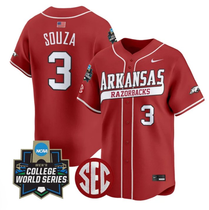 Personalized Nolan Souza Jersey #3 Arkansas Razorbacks 2025 World Series Stitched Cardinal
