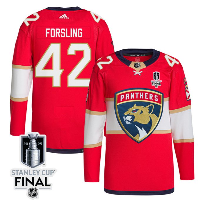 Personalized Gustav Forsling 42 Florida Panthers 2025 STANLEY CUP Final Patch Home Men Jersey Red