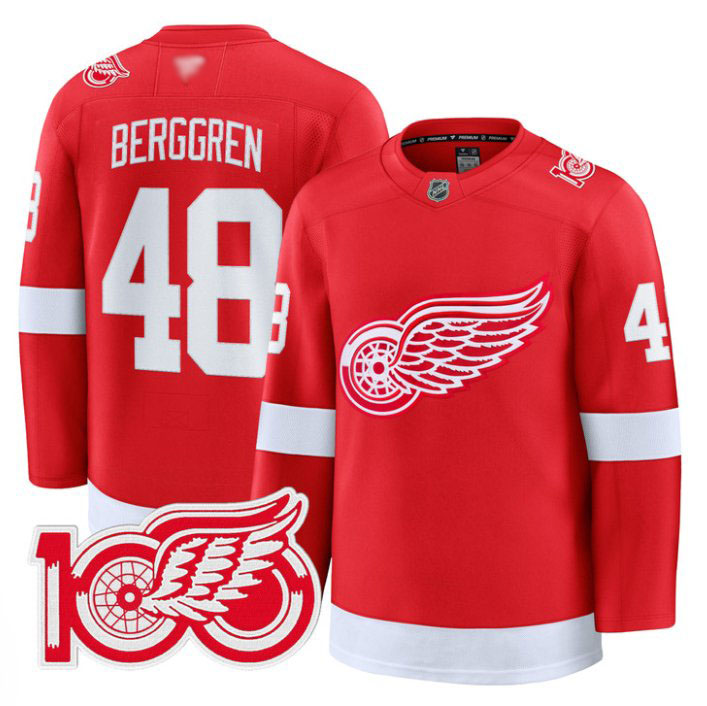 Personalized Jonatan Berggren Jersey #48 Detroit Red Wings 100th Anniversary Stitched Red