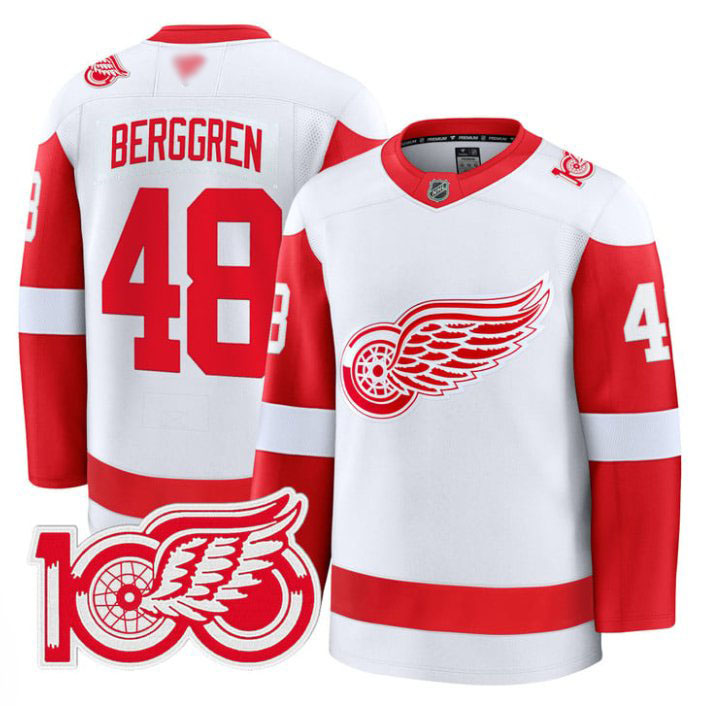 Personalized Jonatan Berggren Jersey #48 Detroit Red Wings 100th Anniversary Stitched White