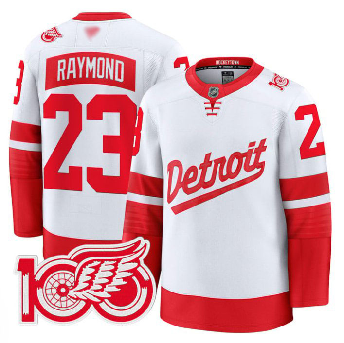 Personalized Lucas Raymond Jersey #23 Detroit Red Wings 100th Anniversary Stitched Stadium