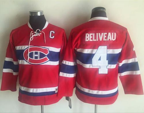 Personalized Youth Montreal Canadiens #4 Jean Beliveau Red CCM Throwback Stitched NHL Jersey