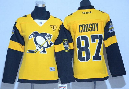 Personalized Women’s Pittsburgh Penguins #87 Sidney Crosby Yellow 2017 Stadium Series Stitched NHL Reebok Hockey Jersey