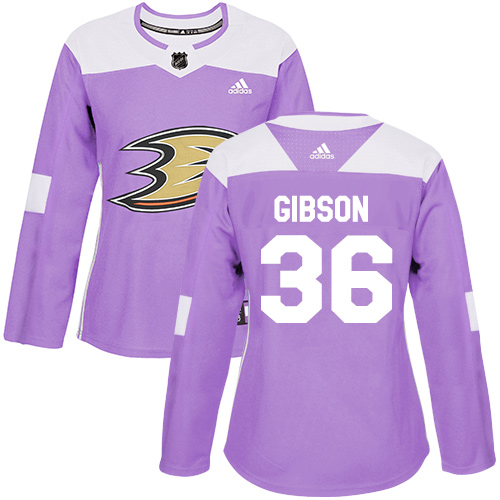 Personalized Women’s Anaheim Ducks #36 John Gibson Purple Authentic Fights Cancer Stitched NHL Jersey