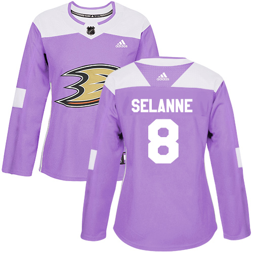 Personalized Women’s Anaheim Ducks #8 Teemu Selanne Purple Authentic Fights Cancer Stitched NHL Jersey