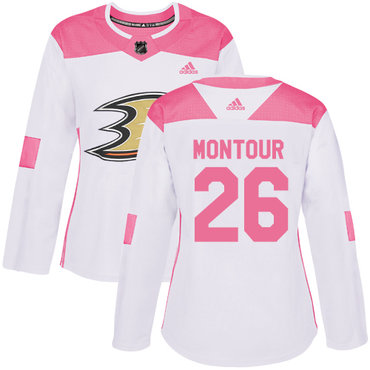 Personalized Women’s Anaheim Ducks #26 Brandon Montour White Pink Authentic Fashion Stitched NHL Jersey