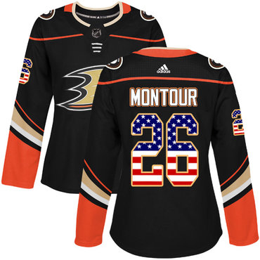 Personalized Women’s Anaheim Ducks #26 Brandon Montour Black Home Authentic USA Flag Stitched NHL Jersey