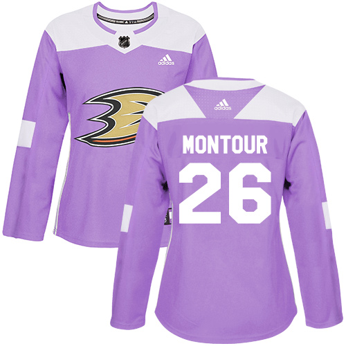 Personalized Women’s Anaheim Ducks #26 Brandon Montour Purple Authentic Fights Cancer Stitched NHL Jersey