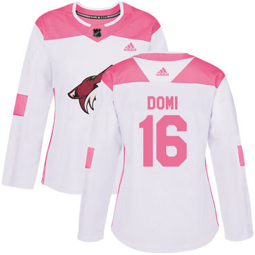 Personalized Women’s Arizona Coyotes #16 Max Domi White Pink Authentic Fashion Stitched NHL Jersey