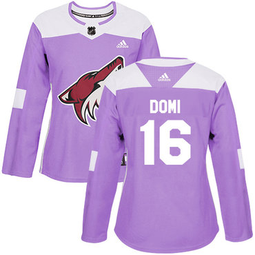 Personalized Women’s Arizona Coyotes #16 Max Domi Purple Authentic Fights Cancer Stitched NHL Jersey
