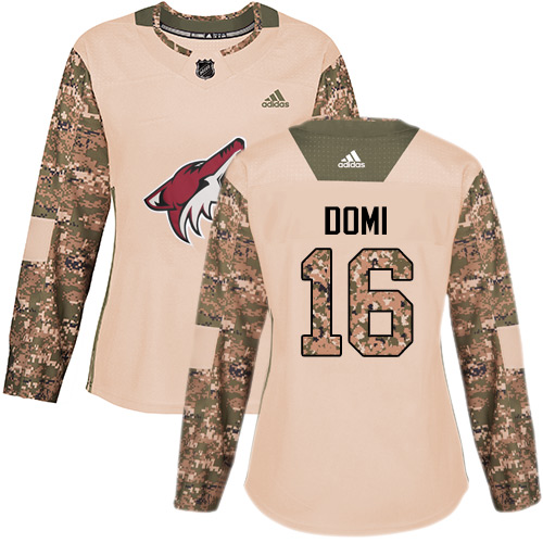 Personalized Women’s Arizona Coyotes #16 Max Domi Camo Authentic 2017 Veterans Day Stitched NHL Jersey