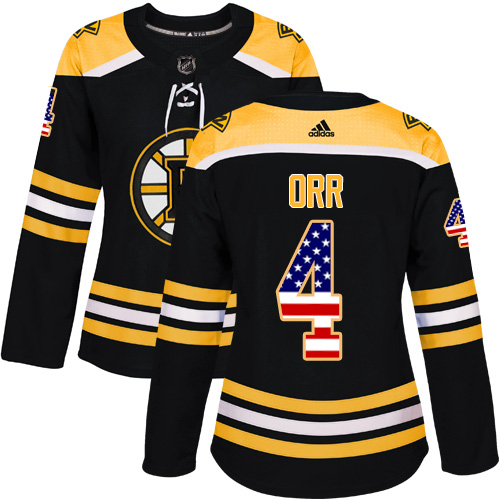 Personalized Women’s Boston Bruins #4 Bobby Orr Black Home Authentic USA Flag Stitched NHL Jersey