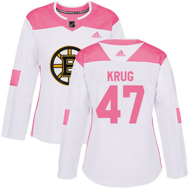 Personalized Women’s Boston Bruins #47 Torey Krug White Pink Authentic Fashion Stitched NHL Jersey