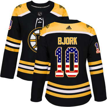 Personalized Women’s Boston Bruins #10 Anders Bjork Black Home Authentic USA Flag Stitched NHL Jersey