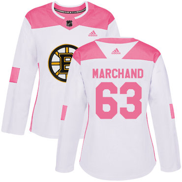 Personalized Women’s Boston Bruins #63 Brad Marchand White Pink Authentic Fashion Stitched NHL Jersey