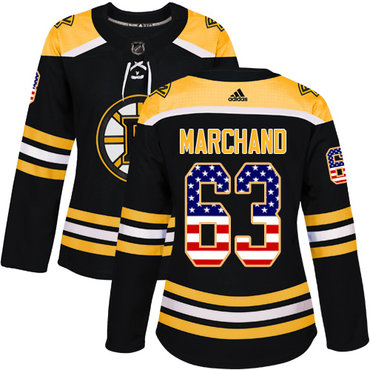 Personalized Women’s Boston Bruins #63 Brad Marchand Black Home Authentic USA Flag Stitched NHL Jersey