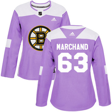 Personalized Women’s Boston Bruins #63 Brad Marchand Purple Authentic Fights Cancer Stitched NHL Jersey