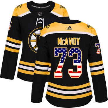 Personalized Women’s Boston Bruins #73 Charlie McAvoy Black Home Authentic USA Flag Stitched NHL Jersey