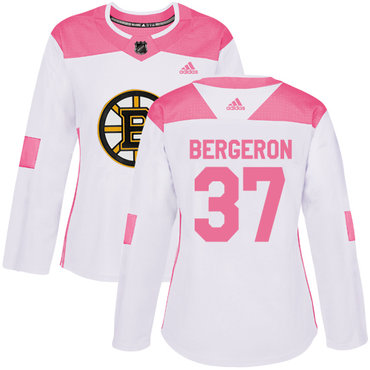 Personalized Women’s Boston Bruins #37 Patrice Bergeron White Pink Authentic Fashion Stitched NHL Jersey