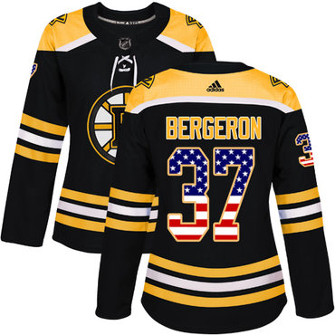 Personalized Women’s Boston Bruins #37 Patrice Bergeron Black Home Authentic USA Flag Stitched NHL Jersey