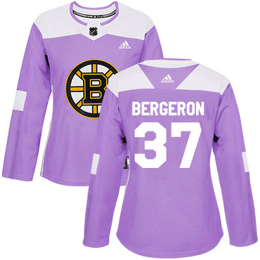 Personalized Women’s Boston Bruins #37 Patrice Bergeron Purple Authentic Fights Cancer Stitched NHL Jersey