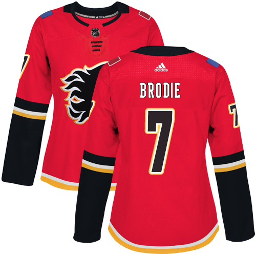 Personalized Women’s Calgary Flames #7 TJ Brodie Red Home Authentic Stitched NHL Jersey