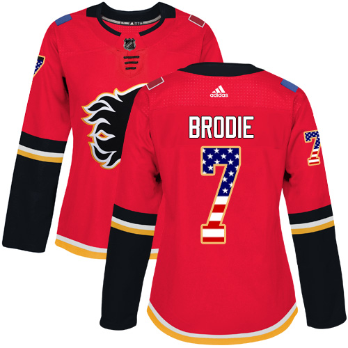 Personalized Women’s Calgary Flames #7 TJ Brodie Red Home Authentic USA Flag Stitched NHL Jersey