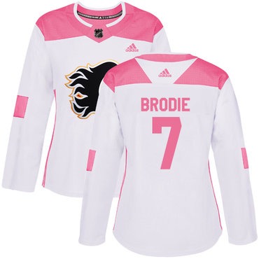 Personalized Women’s Calgary Flames #7 TJ Brodie White Pink Authentic Fashion Stitched NHL Jersey