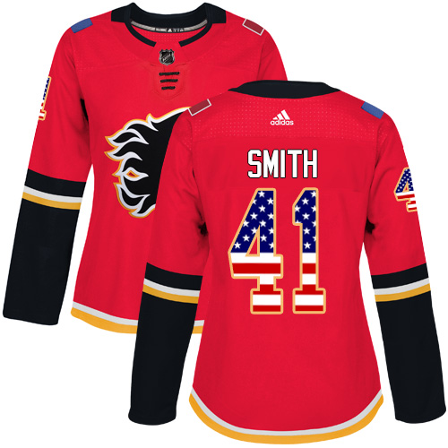 Personalized Women’s Calgary Flames #41 Mike Smith Red Home Authentic USA Flag Stitched NHL Jersey
