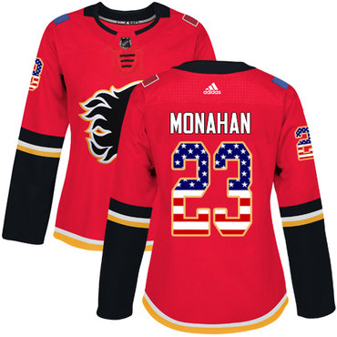 Personalized Women’s Calgary Flames #23 Sean Monahan Red Home Authentic USA Flag Stitched NHL Jersey