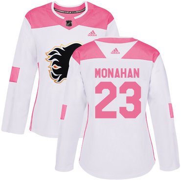 Personalized Women’s Calgary Flames #23 Sean Monahan White Pink Authentic Fashion Stitched NHL Jersey