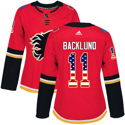 Personalized Women’s Calgary Flames #11 Mikael Backlund Red Home Authentic USA Flag Stitched NHL Jersey