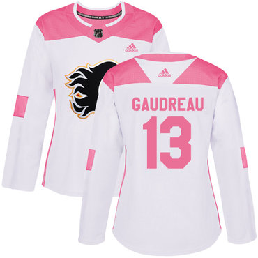 Personalized Women’s Calgary Flames #13 Johnny Gaudreau White Pink Authentic Fashion Stitched NHL Jersey