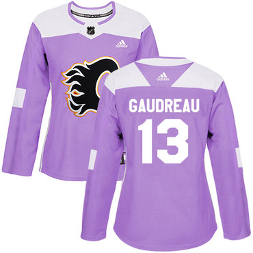 Personalized Women’s Calgary Flames #13 Johnny Gaudreau Purple Authentic Fights Cancer Stitched NHL Jersey