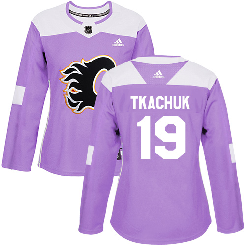 Personalized Women’s Calgary Flames #19 Matthew Tkachuk Purple Authentic Fights Cancer Stitched NHL Jersey
