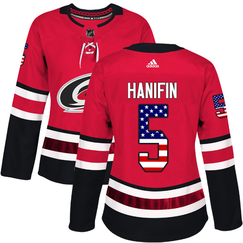 Personalized Women’s Carolina Hurricanes #5 Noah Hanifin Red Home Authentic USA Flag Stitched NHL Jersey