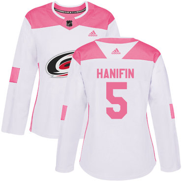 Personalized Women’s Carolina Hurricanes #5 Noah Hanifin White Pink Authentic Fashion Stitched NHL Jersey