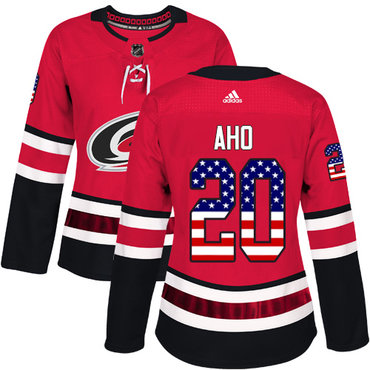 Personalized Women’s Carolina Hurricanes #20 Sebastian Aho Red Home Authentic USA Flag Stitched NHL Jersey