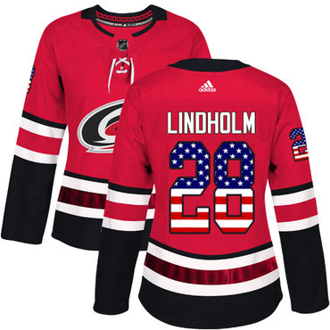 Personalized Women’s Carolina Hurricanes #28 Elias Lindholm Red Home Authentic USA Flag Stitched NHL Jersey