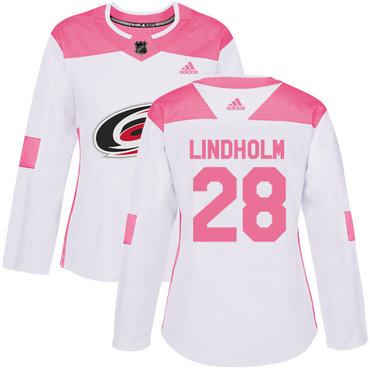 Personalized Women’s Carolina Hurricanes #28 Elias Lindholm White Pink Authentic Fashion Stitched NHL Jersey