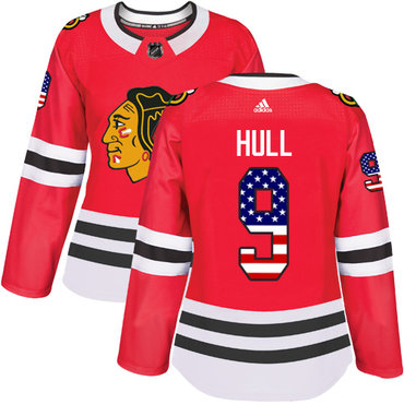 Personalized Women’s Chicago Blackhawks #9 Bobby Hull Red Home Authentic USA Flag Stitched NHL Jersey