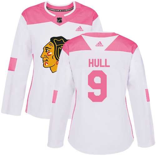 Personalized Women’s Chicago Blackhawks #9 Bobby Hull White Pink Authentic Fashion Stitched NHL Jersey