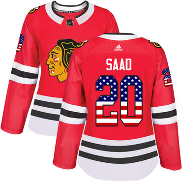 Personalized Women’s Chicago Blackhawks #20 Brandon Saad Red Home Authentic USA Flag Stitched NHL Jersey