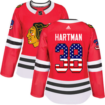 Personalized Women’s Chicago Blackhawks #38 Ryan Hartman Red Home Authentic USA Flag Stitched NHL Jersey