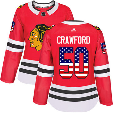 Personalized Women’s Chicago Blackhawks #50 Corey Crawford Red Home Authentic USA Flag Stitched NHL Jersey