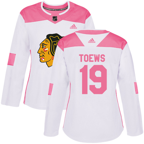 Personalized Women’s Chicago Blackhawks #19 Jonathan Toews White Pink Authentic Fashion Stitched NHL Jersey