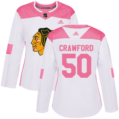 Personalized Women’s Chicago Blackhawks #50 Corey Crawford White Pink Authentic Fashion Stitched NHL Jersey