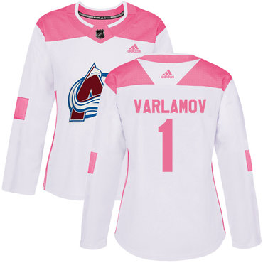 Personalized Colorado Avalanche #1 Semyon Varlamov White Pink Authentic Fashion Women’s Stitched NHL Jersey