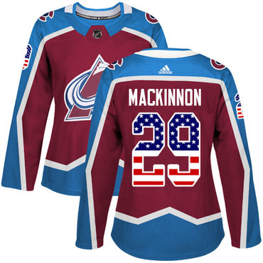 Personalized Colorado Avalanche #29 Nathan MacKinnon Burgundy Home Authentic USA Flag Women’s Stitched NHL Jersey