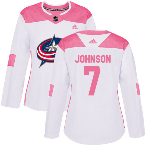 Personalized Women’s Columbus Blue Jackets #7 Jack Johnson White Pink Authentic Fashion Stitched NHL Jersey